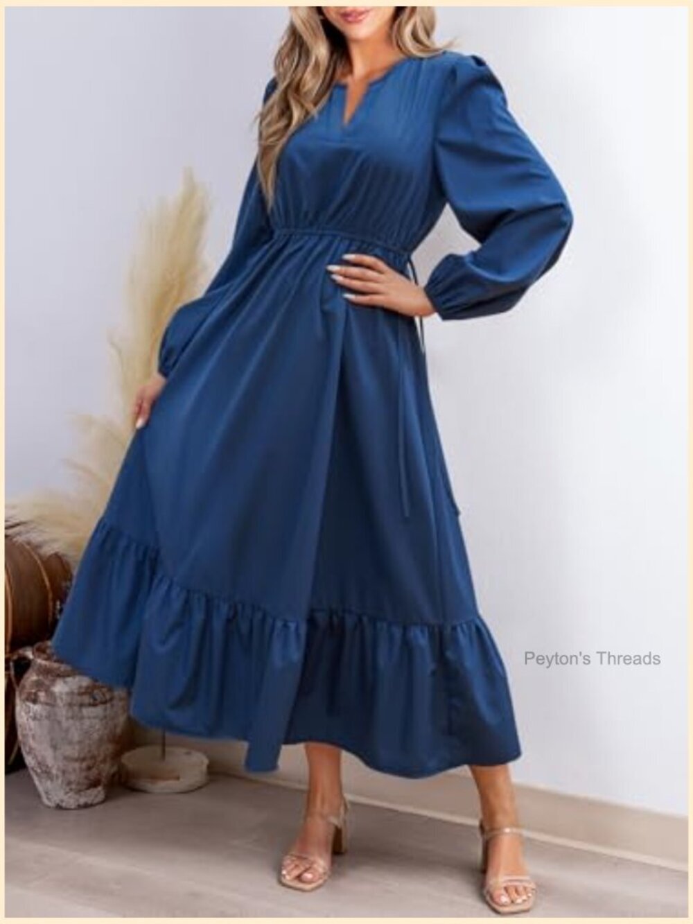 Long Sleeve V Neck A Line Tunic Waist Ruffled Maxi Party Dress - Picture 5 of 5
